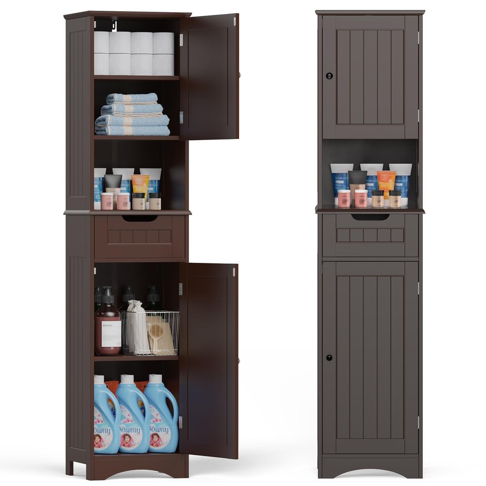 Gizoon 67" H Tall Bathroom Cabinet, Storage Cabinet with 2 Doors & Drawer, Narrow Linen Tower Freestanding Adjustable Shelves for Home, Kitchen, Versatile, Anti-Tipping, Dark Brown