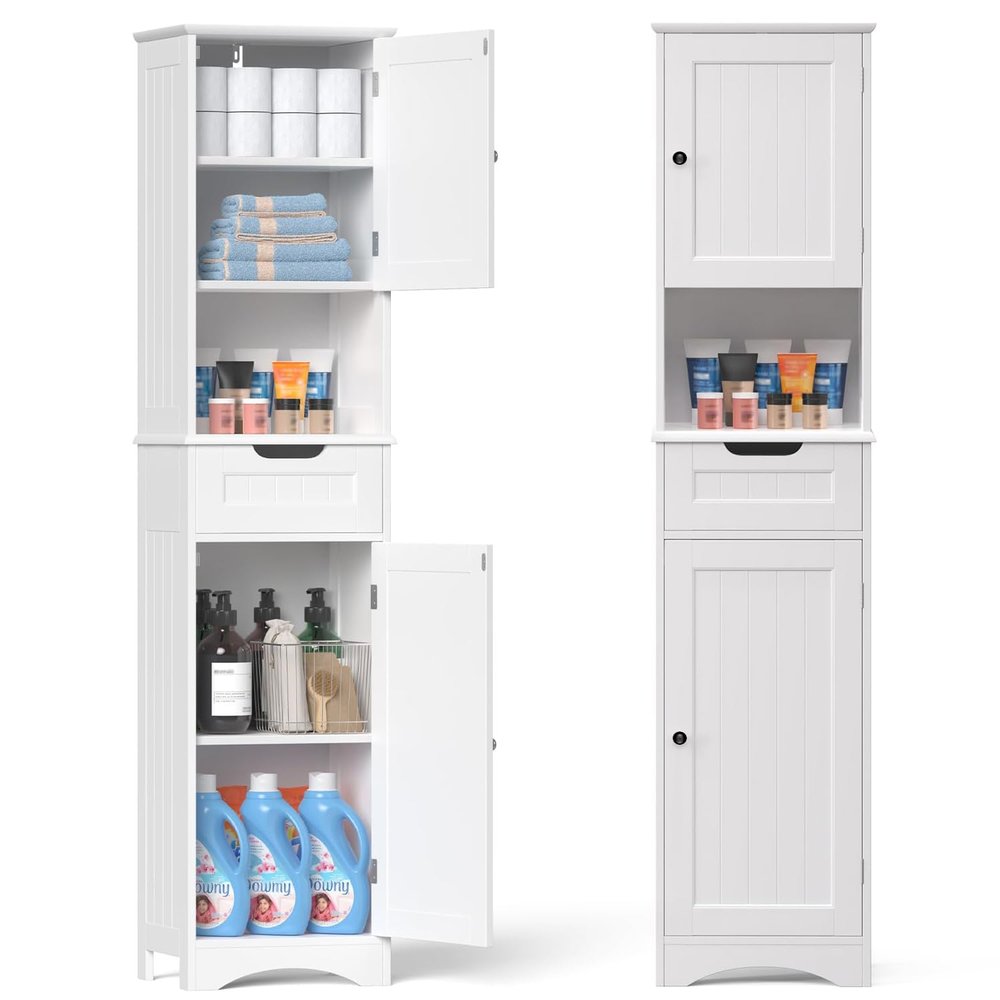 Gizoon 67" H Tall Bathroom Cabinet, Storage Cabinet with 2 Doors & Drawer, Narrow Bathroom Storage Cabinet Freestanding Adjustable Shelves for Home, Kitchen, Versatile, Anti-Tipping, White