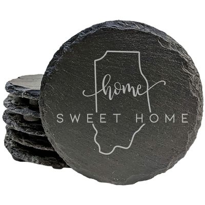 Rustic Slate Coasters Set of 8, Round 4" with Indiana 'Home Sweet Home' Design, Perfect for Holidays, Birthdays, Housewarming Gifts, She-Shed or Man Cave, Made in Oregon, USA, Natural Chipped Edge
