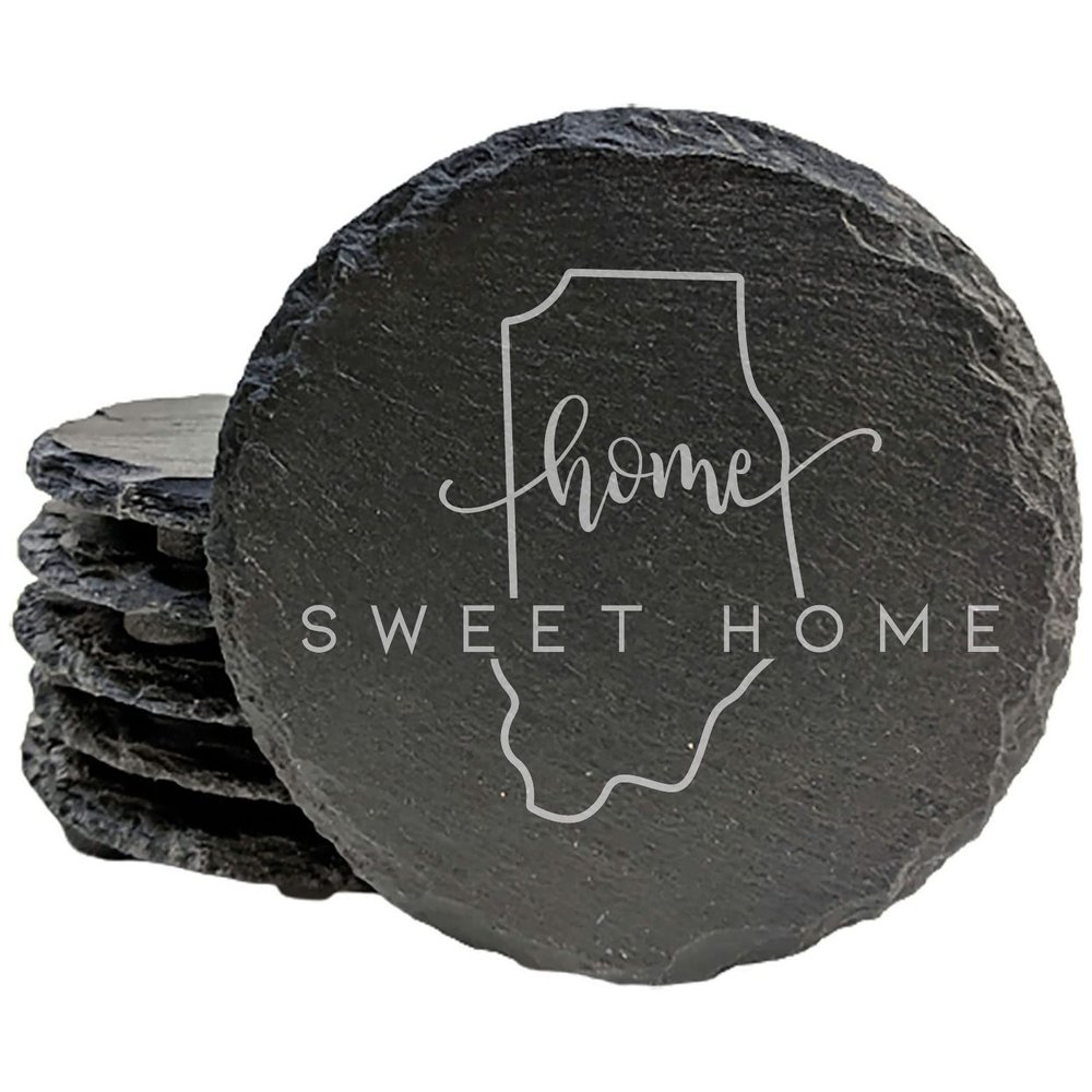 Rustic Slate Coasters Set of 8, Round 4" with Indiana 'Home Sweet Home' Design, Perfect for Holidays, Birthdays, Housewarming Gifts, She-Shed or Man Cave, Made in Oregon, USA, Natural Chipped Edge
