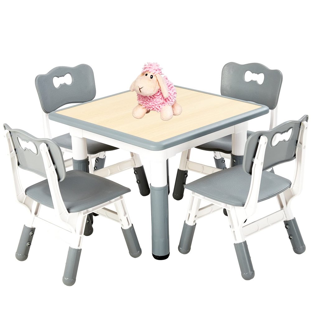 FUNLIO Kids Table and 4 Chairs Set, Height Adjustable Toddler Table and Chair Set for Ages 3-8, Easy to Wipe Arts & Crafts Table, for Classrooms/Daycares/Homes, CPC & CE Approved (5-Piece Set) - Gray