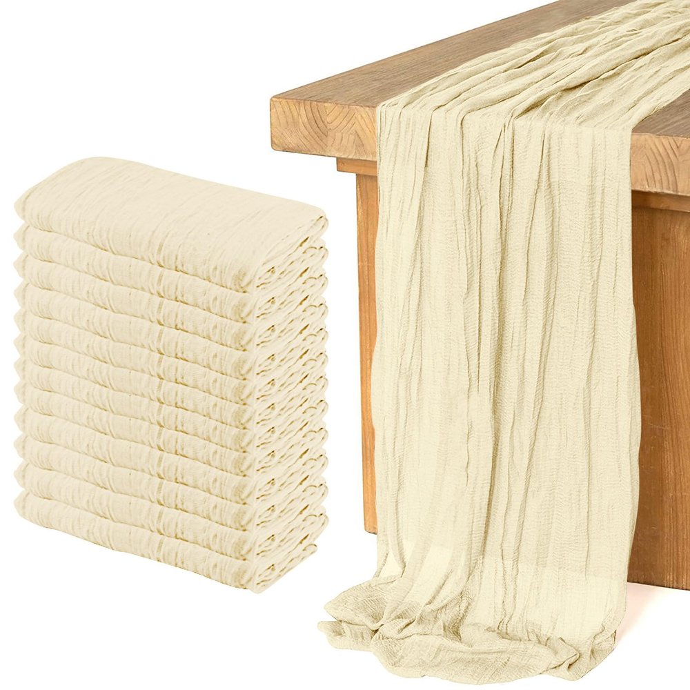 12 Pack Cheesecloth Table Runner, Runner Gauze Boho Wedding Decor Romantic Table Runner for Wedding Birthday Party(35" x 118") (Beige)