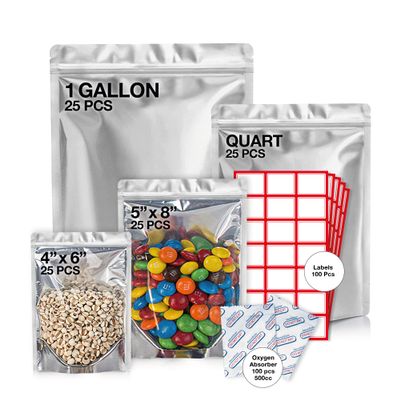 BELLE KR 100 Pcs Assorted Mylar Bags for Food Storage With Oxygen Absorber 500cc - Large Mylar bags 1 Gallon (10x14), 7x10 & 5x8, 4x6 with 1 Side Clear - (25 Pcs Each) with 100 Labels