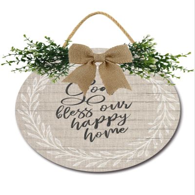 KPSheng God Bless Our Happy Home Sign Farmhouse Wood Sign Front Porch Decor Rustic Wooden Sign Wall Decor Hanging Wooden Decorations with Bow-Knot for Home Porch Wall Door, 11 x 11 inch