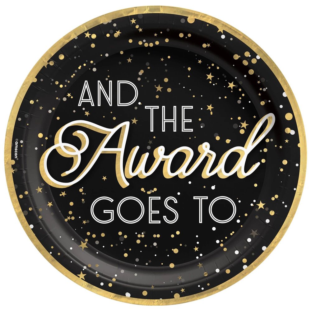 Awards Night "And The Award Goes To" Round Metallic Paper Plates - 10" (Pack of 20) - Elegant Black & Gold Metallic Disposable Paper, Perfect for Celebrations, Gala Events, and Red Carpet Glamour