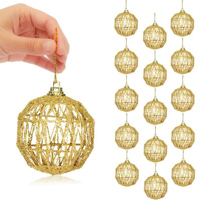 16 Golden Christmas Balls - 2.36" Gold Glitter Tree Ornament Set (16 pcs)