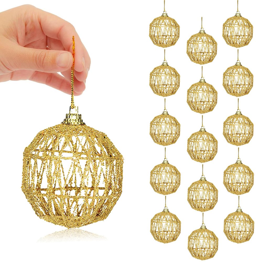 16 Golden Christmas Balls - 2.36" Gold Glitter Tree Ornament Set (16 pcs)
