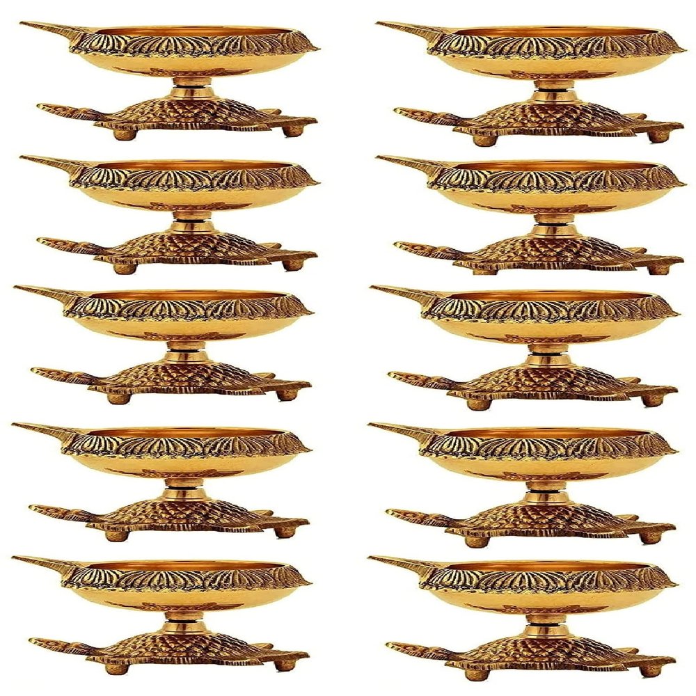 SATVIK 20 Pc. Kuber Turtle Diya for Diwali Decoration Handmade Oil Lamp with Golden Virgin Brass Metal Diwali Diya Vilakku for Puja Pooja Traditional Indian Deepawali Items
