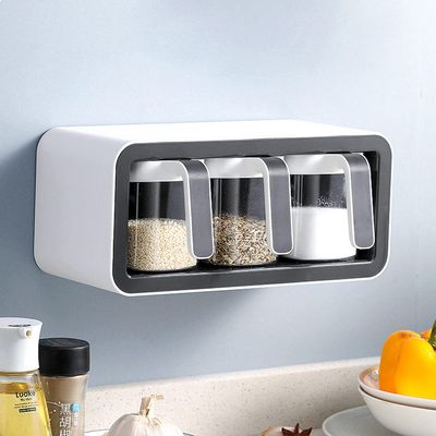 ACGrade Spice Box, Wall Mounted, Silicone Material, 7.2" Long, 3 Compartments, with Small Spoons