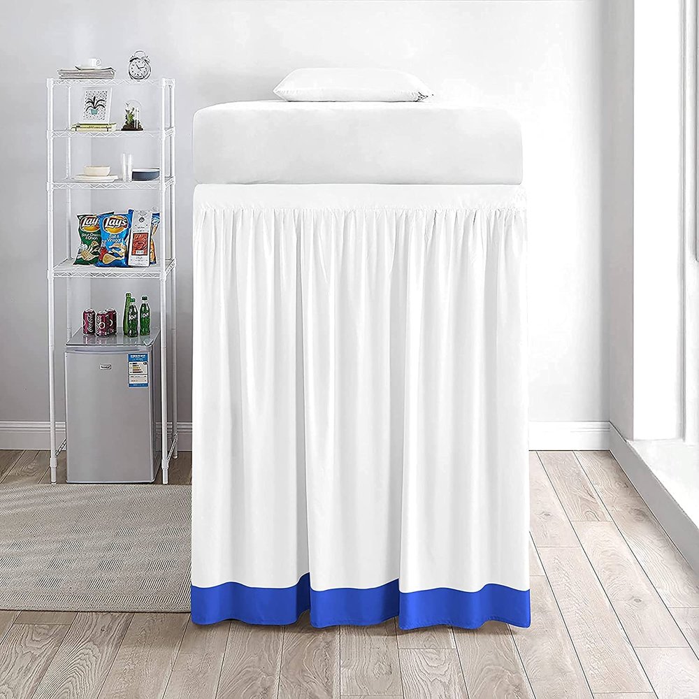 Two-Tone Ruffle Dorm Bed Skirt - Soft 100% Brushed Microfiber Material & 3 Sided Fabric Coverage - Dual Solid Color Bed Skirt for Dorm/College Room-White/Royal Blue Solid.