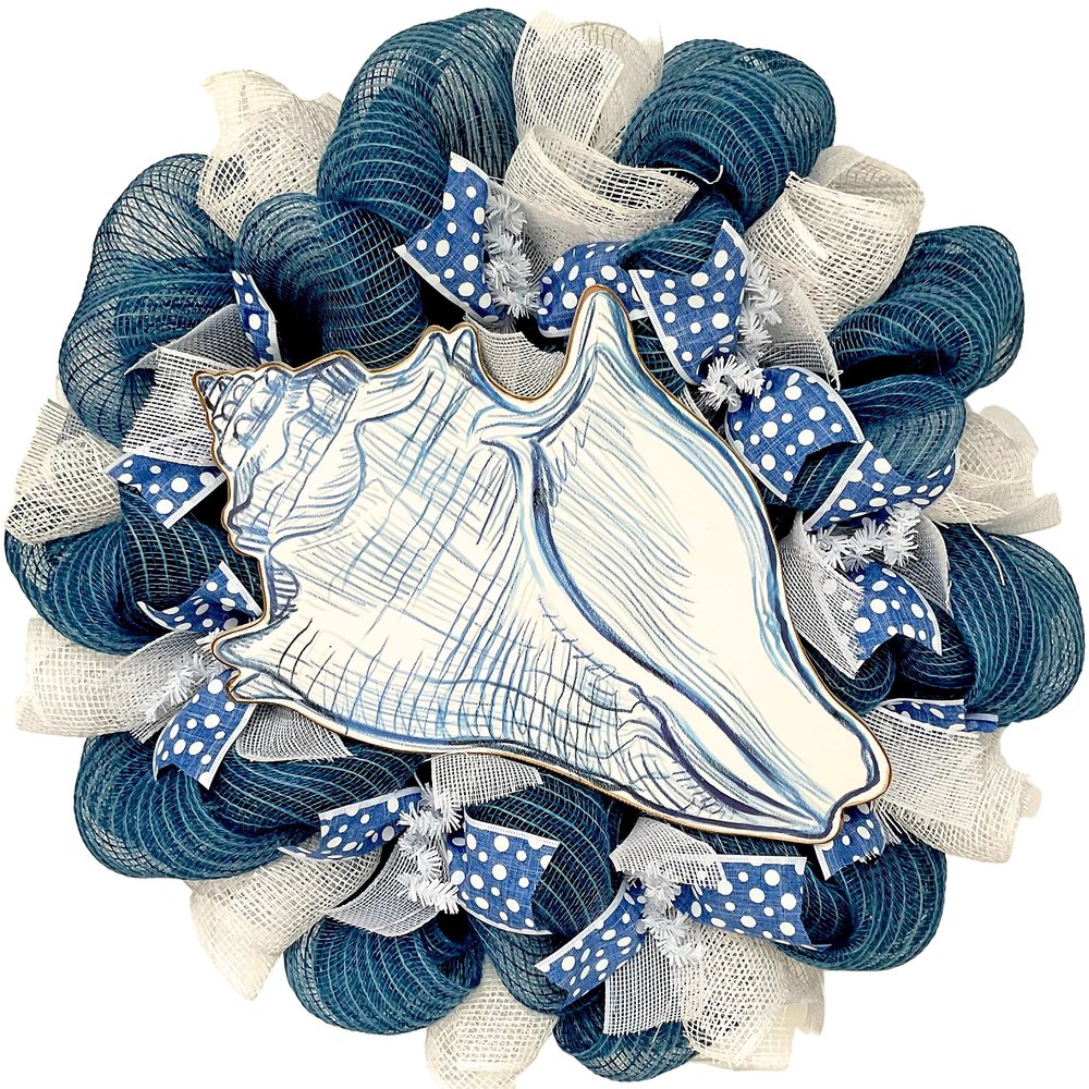 Blue and White Burlap Sea Shell Coastal Handmade Deco Mesh Wreath. Available in 24 inch and 28 inch diameters