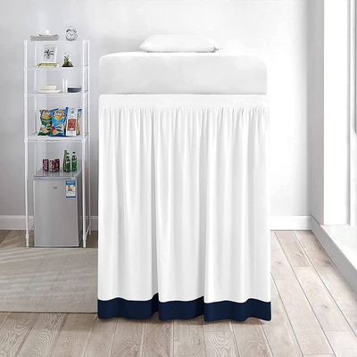 Two-Tone Ruffle Dorm Bed Skirt - Soft 100% Brushed Microfiber Material & 3 Sided Fabric Coverage - Dual Solid Color Bed Skirt for Dorm/College Room-White/Navy Blue Solid.