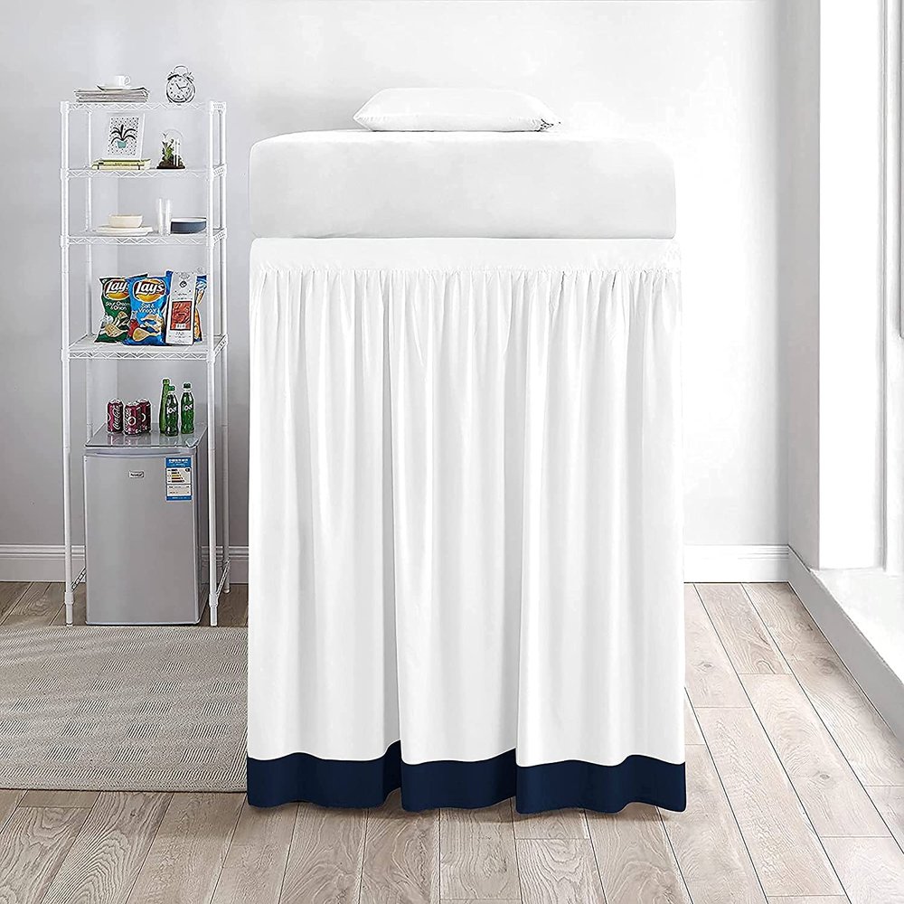 Two-Tone Ruffle Dorm Bed Skirt - Soft 100% Brushed Microfiber Material & 3 Sided Fabric Coverage - Dual Solid Color Bed Skirt for Dorm/College Room-White/Navy Blue Solid.
