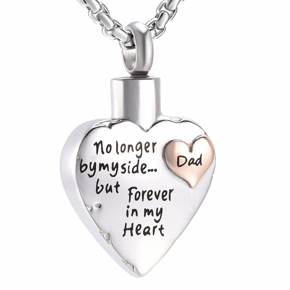 SHEIL Engraved Dad No Longer by My Side But Forever in My Heart Stainless Steel Cremation Neckklace Urns for Ashes,2