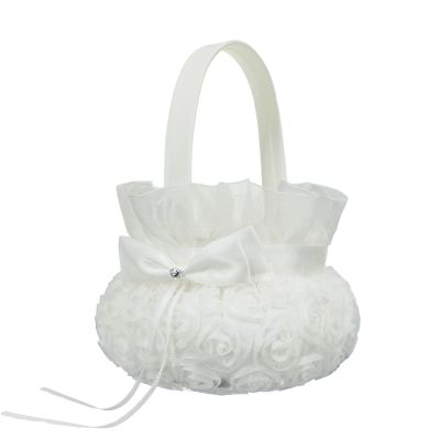 PAPABA Bowknot Silk Cloth Wedding Flower Basket Handcrafted Western White Wedding Ceremony Flower Girl Basket D