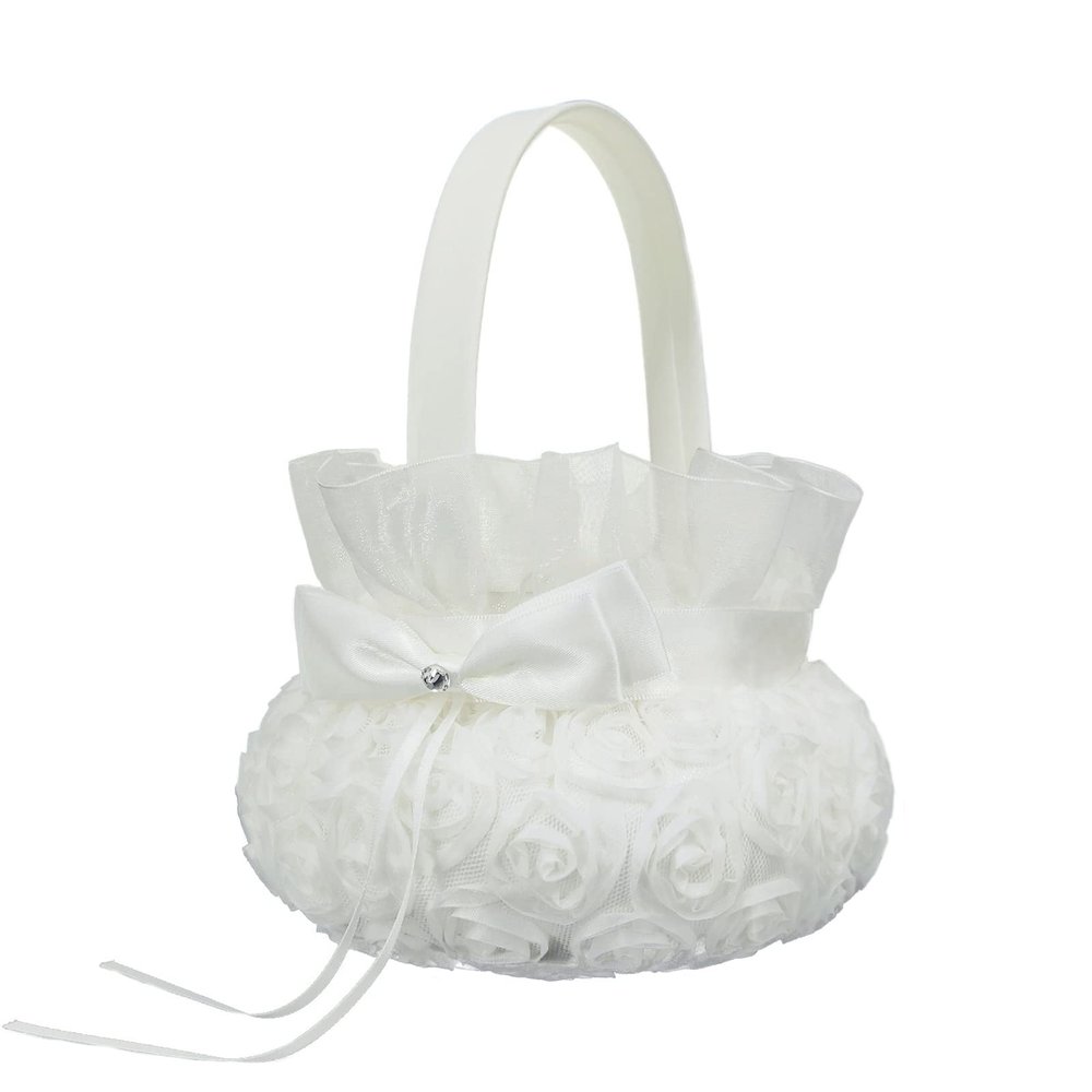 PAPABA Bowknot Silk Cloth Wedding Flower Basket Handcrafted Western White Wedding Ceremony Flower Girl Basket D