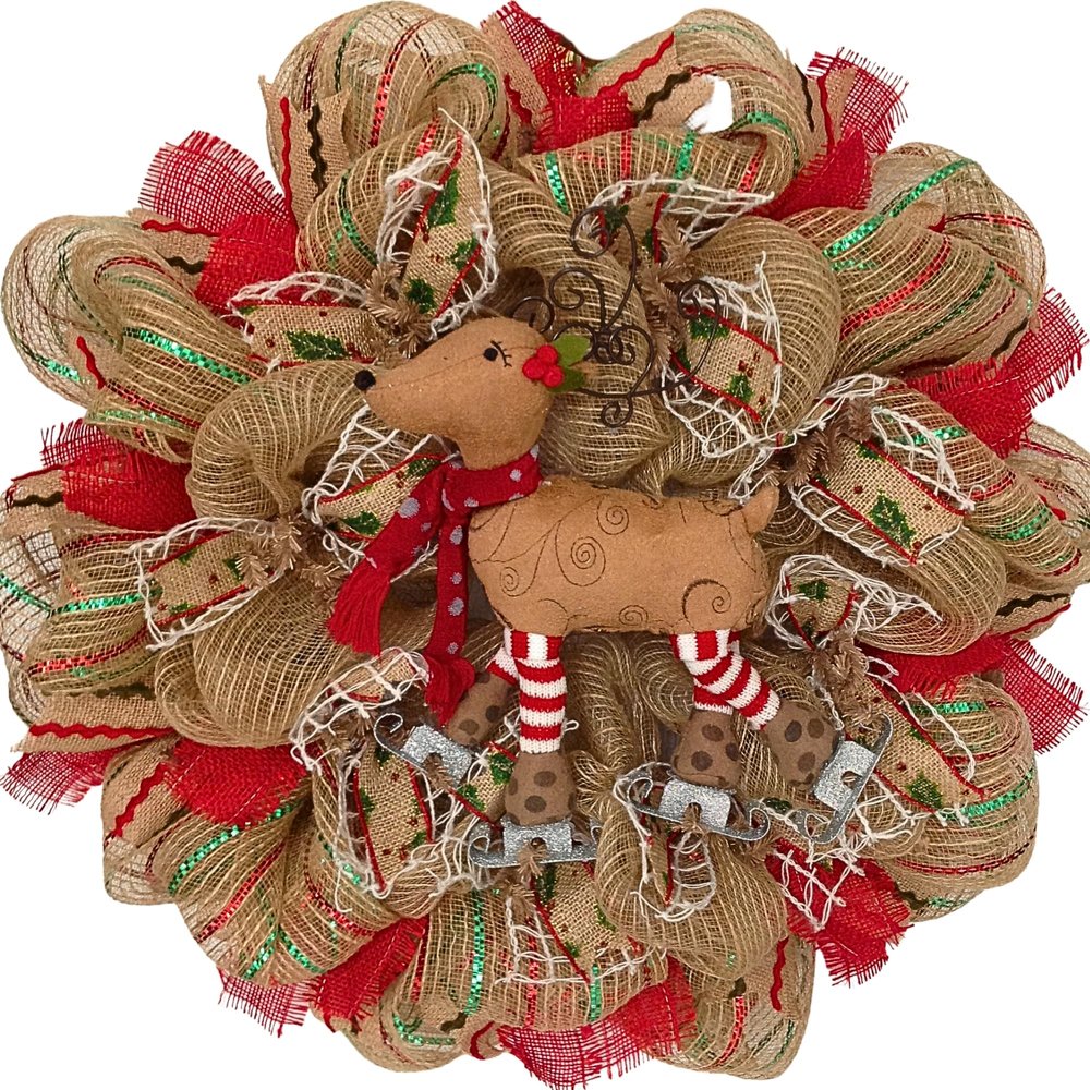 Raz Skating Reindeer Handmade Limited Edition Deco Mesh Winter Holiday Wreath