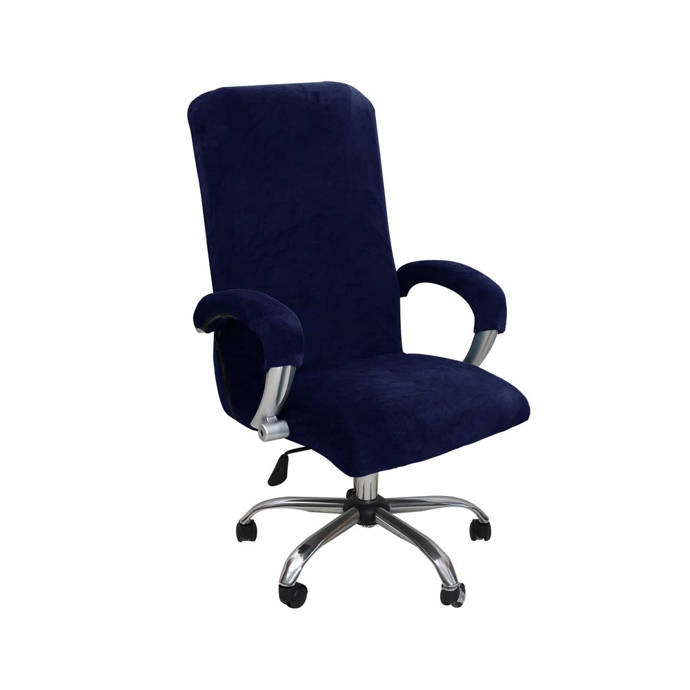Velvet Plush Stretchable Office Computer Chair Cover - Cat Proof Protector for Ergonomic Office Desk Chair with Wheels and Armrest, Fits High Back Wide Mesh Executive Chairs, Navy Blue, XL