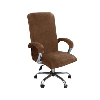 Velvet Plush Stretchable Office Desk Chair Cover - Cat Proof Elastic Comfy Protector for Ergonomic Office Chair with Wheels and Armrests, Fits Mesh and Executive Office Chairs, Removable, Brown, XL