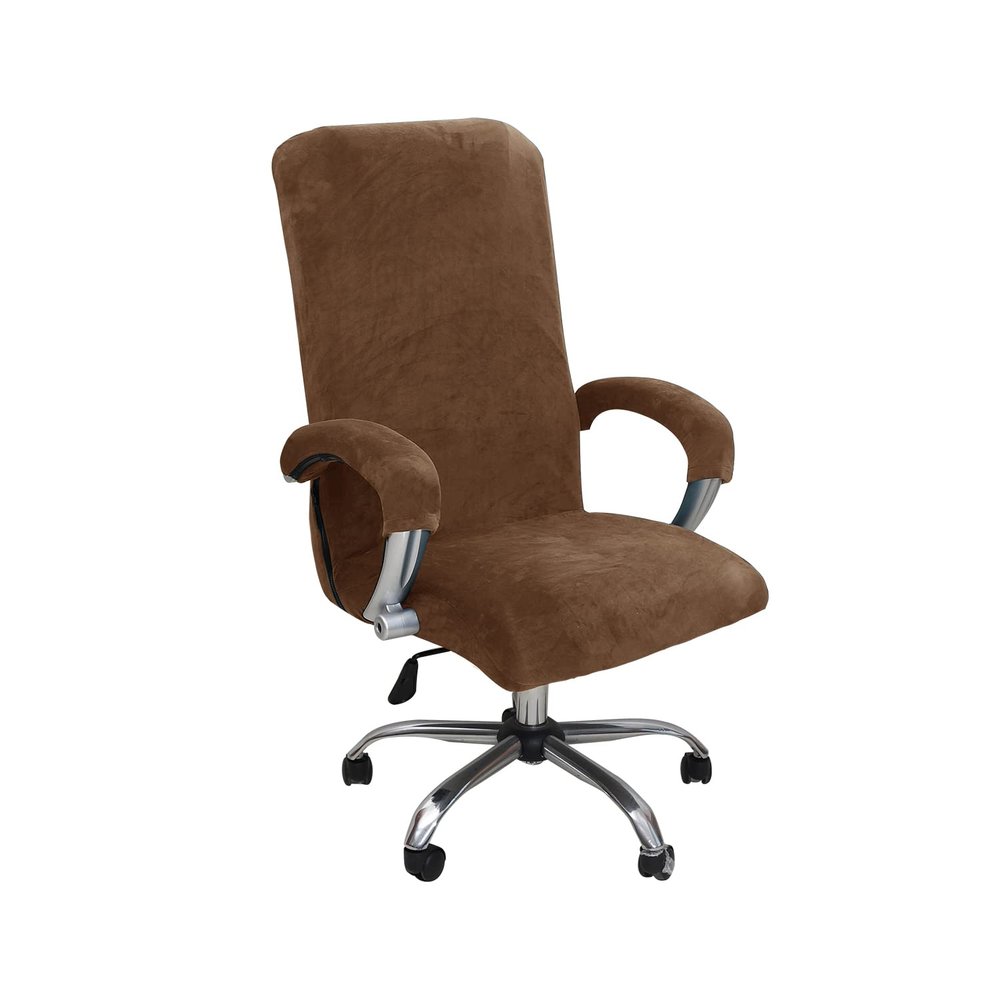 Velvet Plush Stretchable Office Desk Chair Cover - Cat Proof Elastic Comfy Protector for Ergonomic Office Chair with Wheels and Armrests, Fits Mesh and Executive Office Chairs, Removable, Brown, XL