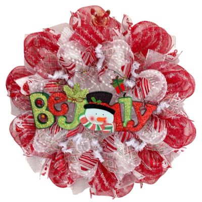 Be Jolly Snowman Holiday Deco Mesh Wreath. Available in 24 inch and 28 inch diameters