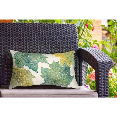 Liora Manne Lush Decor Visions IV Indoor/Outdoor Handmade Pillow - Transitional Botanical Nature Colorful (Leaf Toss Forest Cloud) (12" x 20")