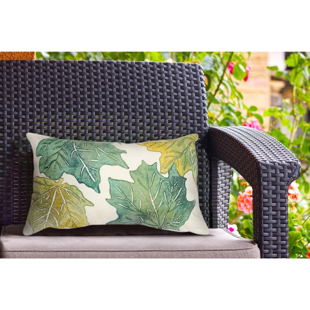 Liora Manne Lush Decor Visions IV Indoor/Outdoor Handmade Pillow - Transitional Botanical Nature Colorful (Leaf Toss Forest Cloud) (12" x 20")