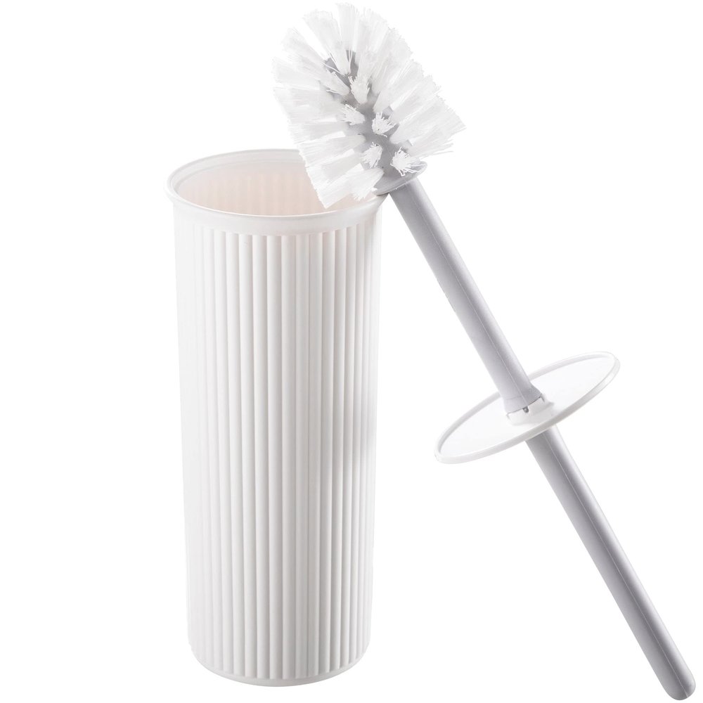 Superio Ribbed Collection - Decorative Plastic Toilet Bowl Brush and Holder Set, White (1 Pack) Cleaner Scrubber for Bathroom