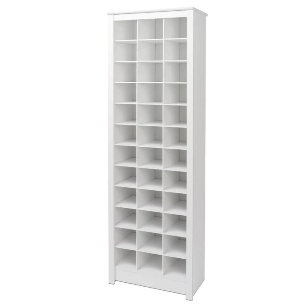 Attractive White Wooden Shoe Rack, 72.5'' H X 23.5'' W X 13'' D Size, Rectangular Silhouette, Simple Moldings Chunky Framing Clean-Lined Kickplate, 12 Rows, 36 Pairs Shoes Capacity, Highly Durable