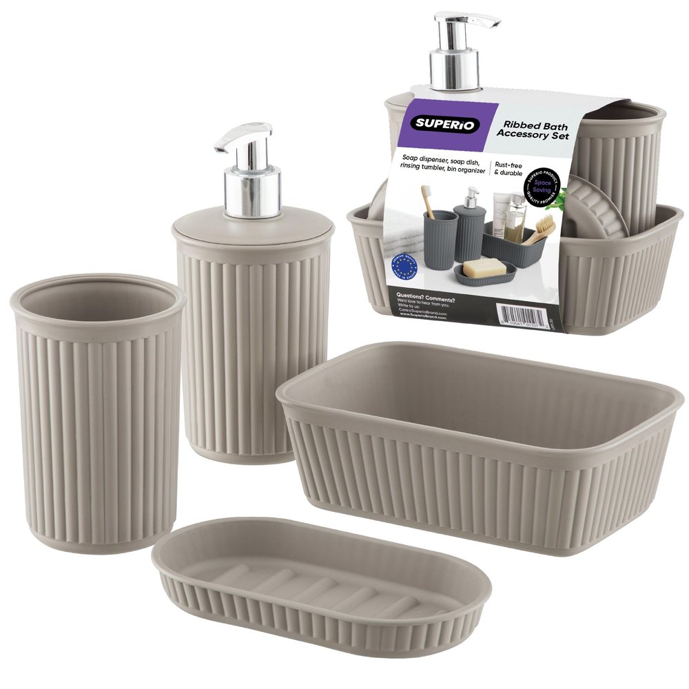 Superio Ribbed Collection - Decorative Plastic Bathroom Accessories Set, Taupe (Set of 4) Soap Dish, Liquid Dispenser, Toothbrush Holder Cup, Vanity Organizer Tray Bathroom Countertop Decor Gift