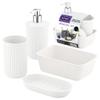 Superio Ribbed Collection - Decorative Plastic Bathroom Accessories Set, White (Set of 4) Soap Dish, Liquid Dispenser, Toothbrush Holder Cup, Vanity Organizer Tray Bathroom Countertop Decor Gift view 1