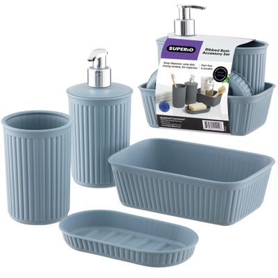 Superio Ribbed Collection - Decorative Plastic Bathroom Accessories Set, Blue (Set of 4) Soap Dish, Liquid Dispenser, Toothbrush Holder Cup, Vanity Organizer Tray - Bathroom Countertop Decor Gift