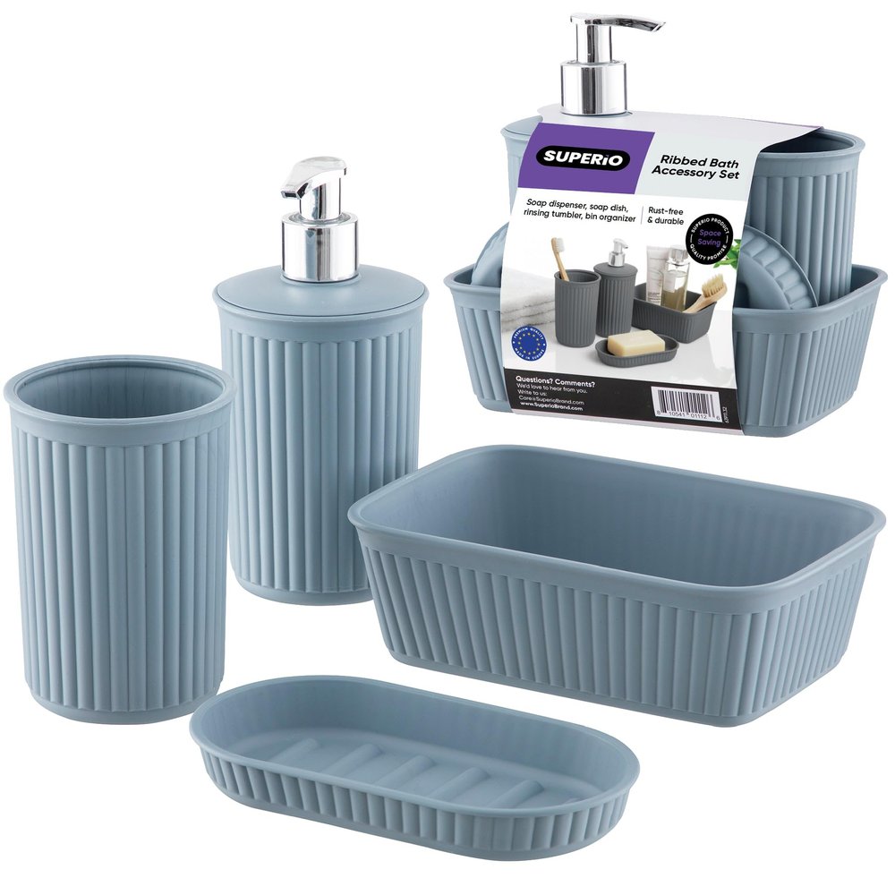 Superio Ribbed Collection - Decorative Plastic Bathroom Accessories Set, Blue (Set of 4) Soap Dish, Liquid Dispenser, Toothbrush Holder Cup, Vanity Organizer Tray - Bathroom Countertop Decor Gift