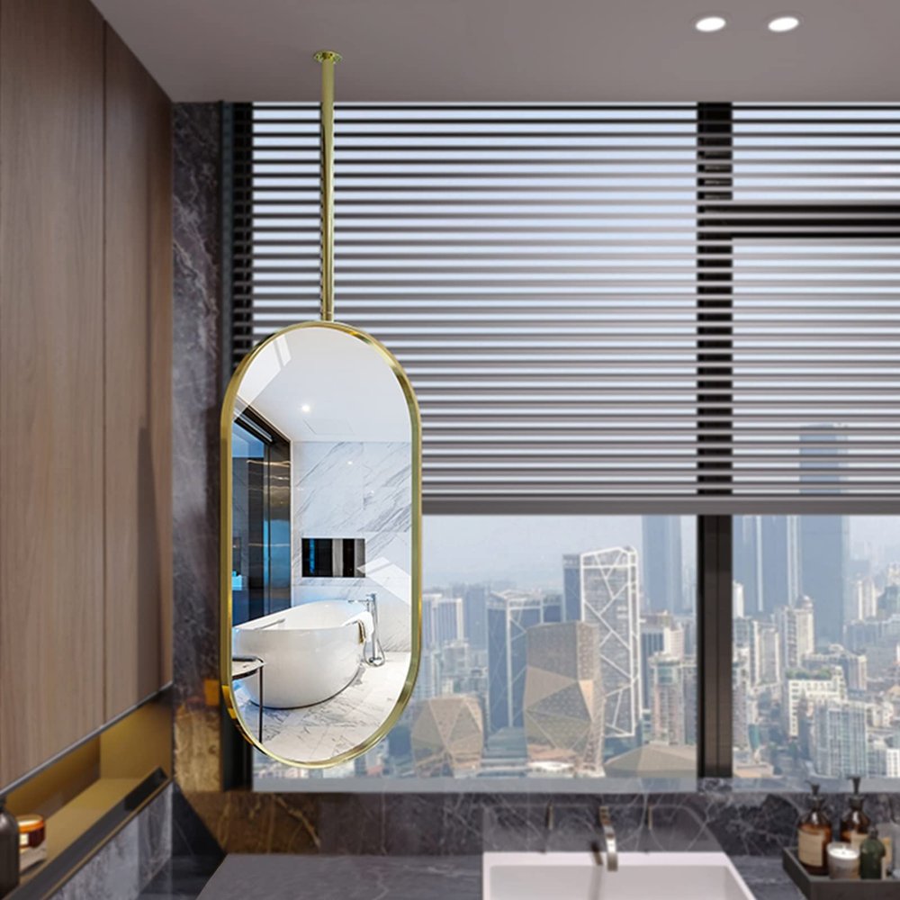 DMCHENGMA Gold Ceiling Mounted Mirror Hanging Rod Mirror Clear and Practical Hang Rod Mirrors(Boom can be Customized), Home Hotel Floating Bathroom Vanity Makeup Mirror, Decorative Simple Mirror