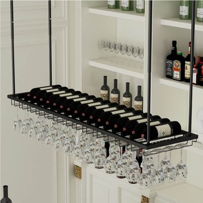 Hamankim Ceiling Wine Rack, Wine Glass Holder and Bottle Rack/Under Cabinet Hanging Stemware Storage Shelving/Adjustable Height and Width/Black (Size : 80x27x8cm)