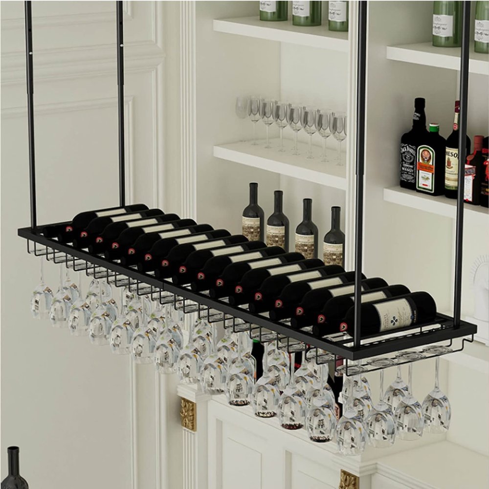 Hamankim Ceiling Wine Rack, Wine Glass Holder and Bottle Rack/Under Cabinet Hanging Stemware Storage Shelving/Adjustable Height and Width/Black (Size : 80x27x8cm)