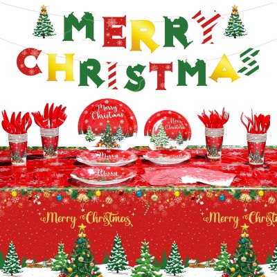 Christmas Party Supplies Tableware Set Xmas Party Decoration Christmas Tree Paper Plates Napkins Snowflakes Tablecloths Merry Christmas Banner Holiday Disposable Dinnerware Serves 24 Guests
