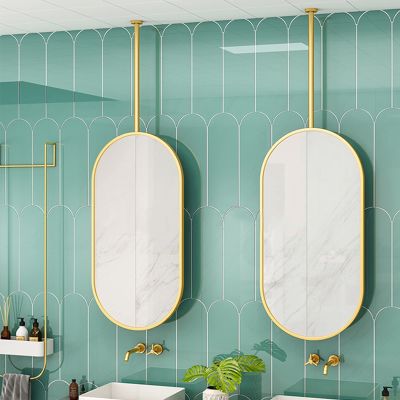 DMCHENGMA Hanging Mirrors Wall Mirror Design Gold Metal Frame Mirror, Oval Floating Bathroom Vanity Mirror with Ceiling Hanging Rod (Boom can be Customized) (Size : 40cmx60cm)