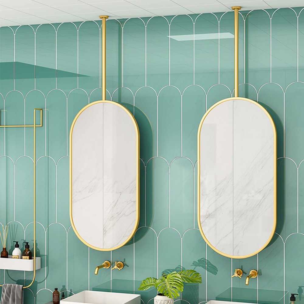 DMCHENGMA Hanging Mirrors Wall Mirror Design Gold Metal Frame Mirror, Oval Floating Bathroom Vanity Mirror with Ceiling Hanging Rod (Boom can be Customized) (Size : 40cmx60cm)