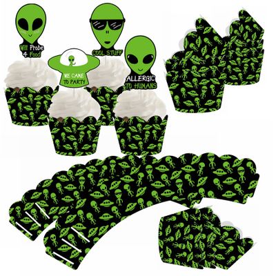 48Pcs Alien Cupcake Wrappers and Toppers Set Alien Cupcake Holders with Treat Picks Kit UFO Alien Themed Party Decorations Party Supplies for UFO FANS LOVERS Birthday