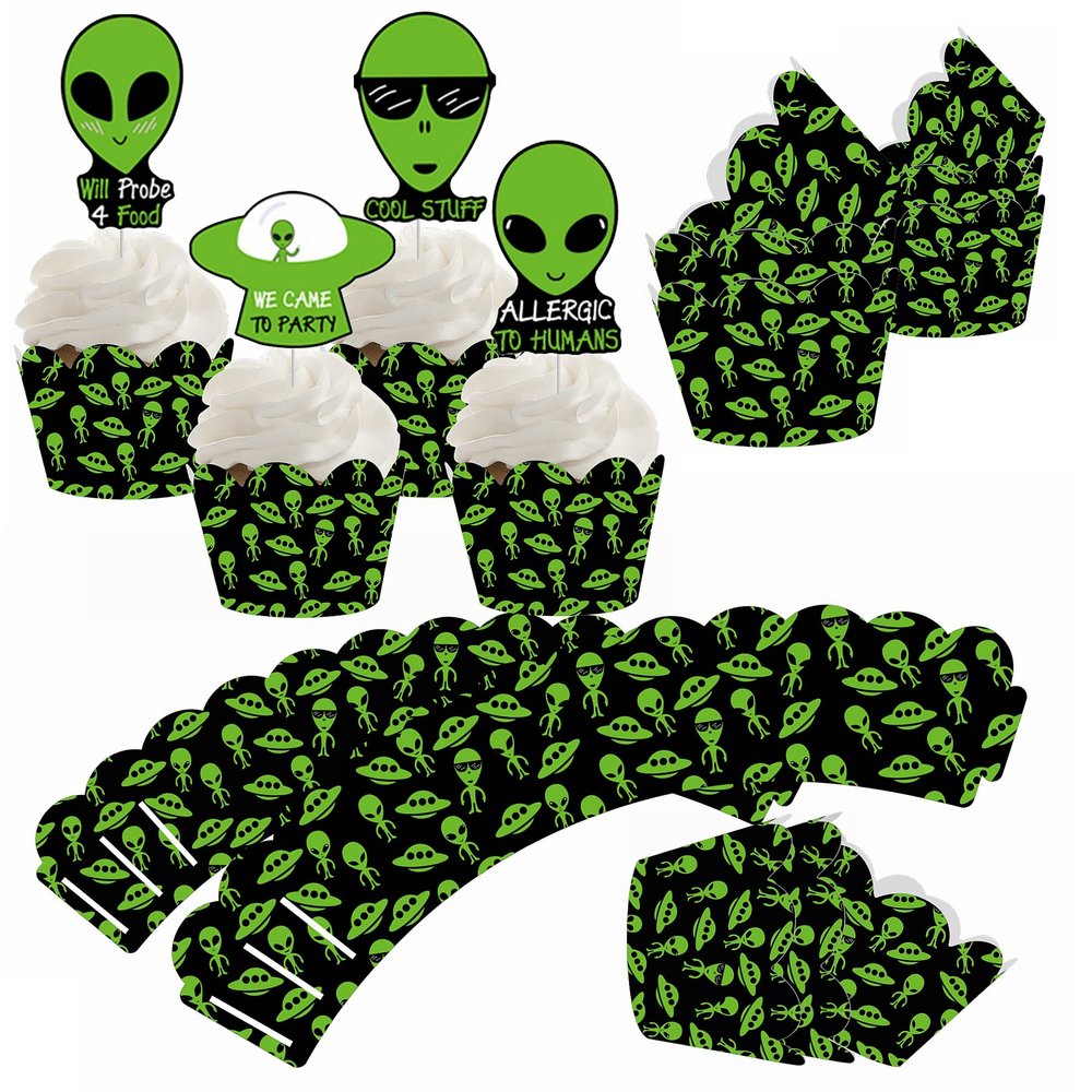 48Pcs Alien Cupcake Wrappers and Toppers Set Alien Cupcake Holders with Treat Picks Kit UFO Alien Themed Party Decorations Party Supplies for UFO FANS LOVERS Birthday