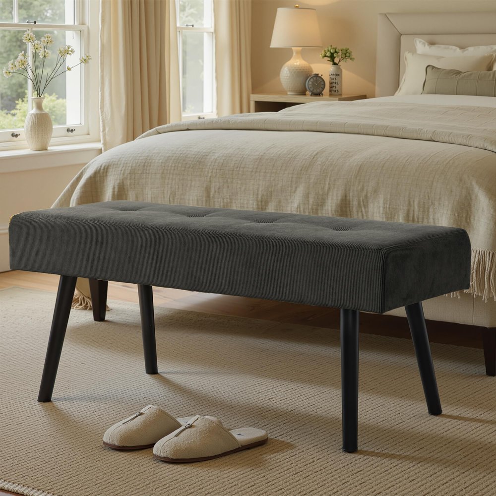 Comfy to go Entryway Bench - Grey Bench for Bedroom, Modern Ottoman End of Bed, Corduroy Padded Benches for Living Room, Foyer, Mudroom, Hallway - 39" L x 14" W x 17" H