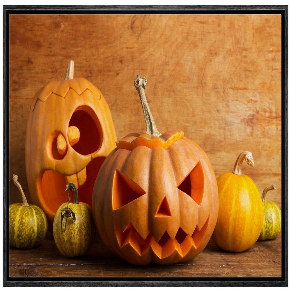 wall26 Framed Canvas Print Wall Art Spooky Face Autumn Pumpkins Celebration & Holiday Halloween Photography Modern Art Decorative for Living Room, Bedroom, Office - 16"x24" BLACK