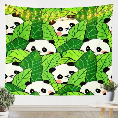 Feelyou Kids Cartoon Panda Tapestry Cute Animal Wall Hanging for Boys Bedroom Decor Kawaii Panda Wall Blanket Black White Panda Bear Leaf Printed Wall Art XLarge 70"x92"