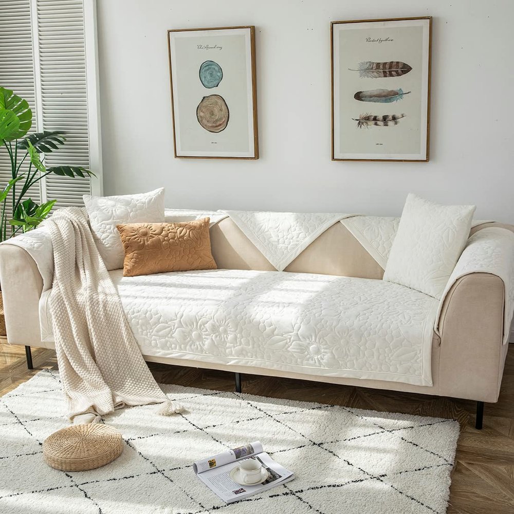 XSlive Luxury Velvet Warm Couch Sofa Cover Embroidered Super Soft Plush Sectional Couch Cover Nonslip Thick Sofa Slipcover Furniture Protector for Dogs, Children, Pets (White,36"x94")