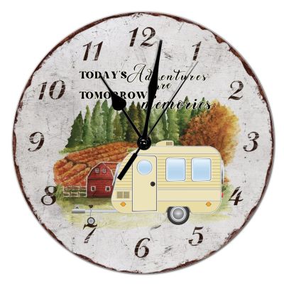 Chic Style Camping Theme Round Wood Clock Today's Adventures are Tomorrow's Memories Arabic Numerals Clock Silent Non-Ticking Battery Operated Wall Clocks for Bedroom Office Decorations 12x12in