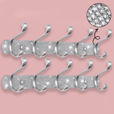 BlackFish 2Pcs Coat Rack Wall Mount,Shiny Silver Rhinestones Coat Hooks Wall Mounted 5 Hooks,Key Hooks for Wall Purse Hook Hat Rack for Wall Suitable for Coat Hat Towel Robes