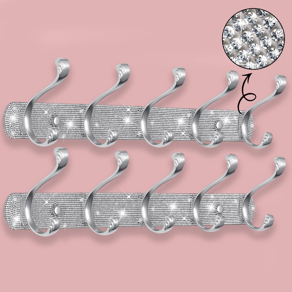 BlackFish 2Pcs Coat Rack Wall Mount,Shiny Silver Rhinestones Coat Hooks Wall Mounted 5 Hooks,Key Hooks for Wall Purse Hook Hat Rack for Wall Suitable for Coat Hat Towel Robes