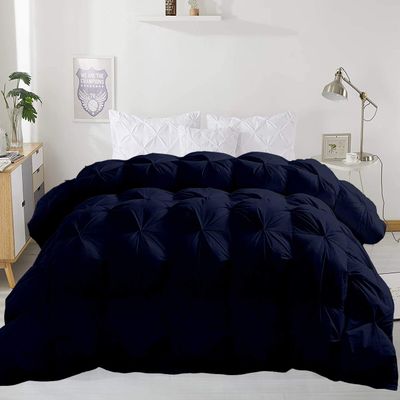 Navy Color Full Size Pinch Pleated Comforter with 4 Pillow,100% Pure Cotton 500 GSM Ultra-Soft Goose Down with 4 Corner Tabs Beautiful Pinch Pleat Baffle Box Design,Light Weight Comforter