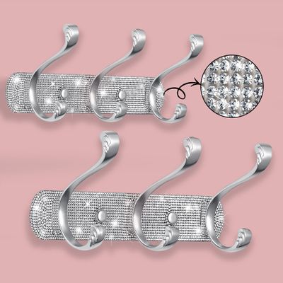 BlackFish 2Pcs Coat Rack Wall Mount,Shiny Silver Rhinestones Wall Mounted Coat Rack 3 Hooks,Coat Hangers for Wall for Coat Hat Towel Purse Robes Mudroom Bathroom Entryway
